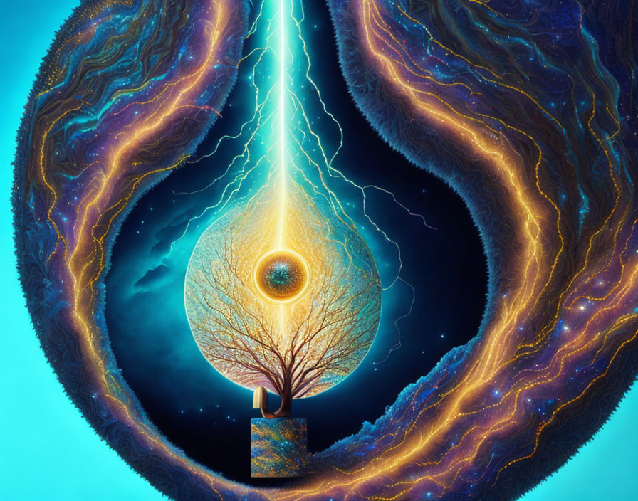 Surreal artwork: Glowing eye orb on tree with cosmic backdrop