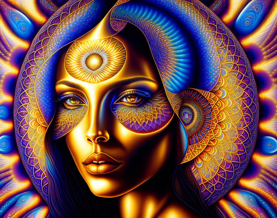 Colorful digital artwork: Woman with third eye in psychedelic setting