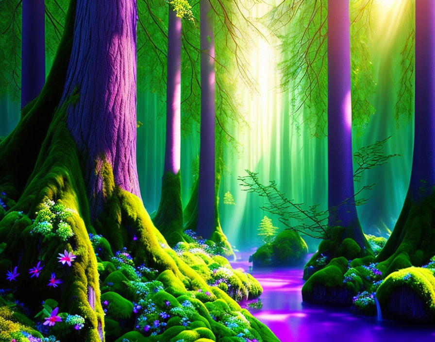 Vividly colored fantasy forest with moss, flowers, river, and radiant light.