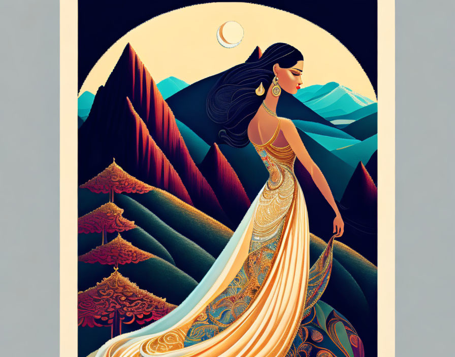 Illustrated woman in ornate dress admiring mountain landscape with crescent moon.