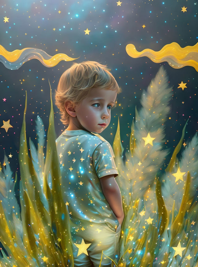 Child surrounded by starry plants in celestial setting