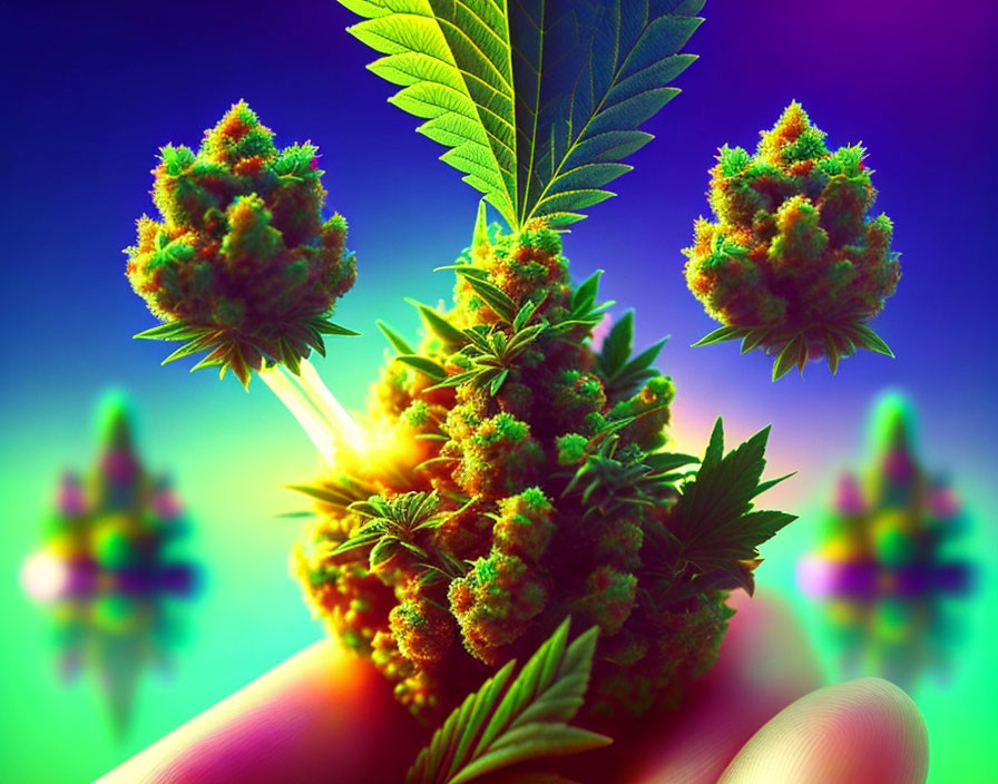 Colorful Cannabis Buds and Leaves on Psychedelic Neon Background