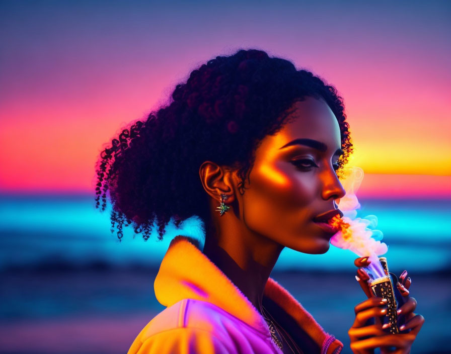 Curly-Haired Woman Exhales Smoke at Sunset Ocean View