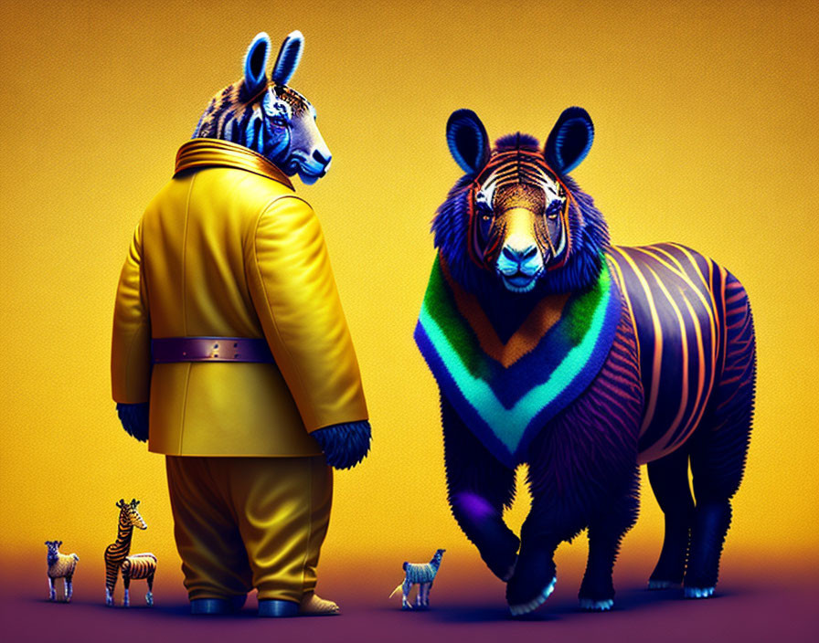 Anthropomorphic Zebra and Tiger in Stylish Attire on Yellow Background