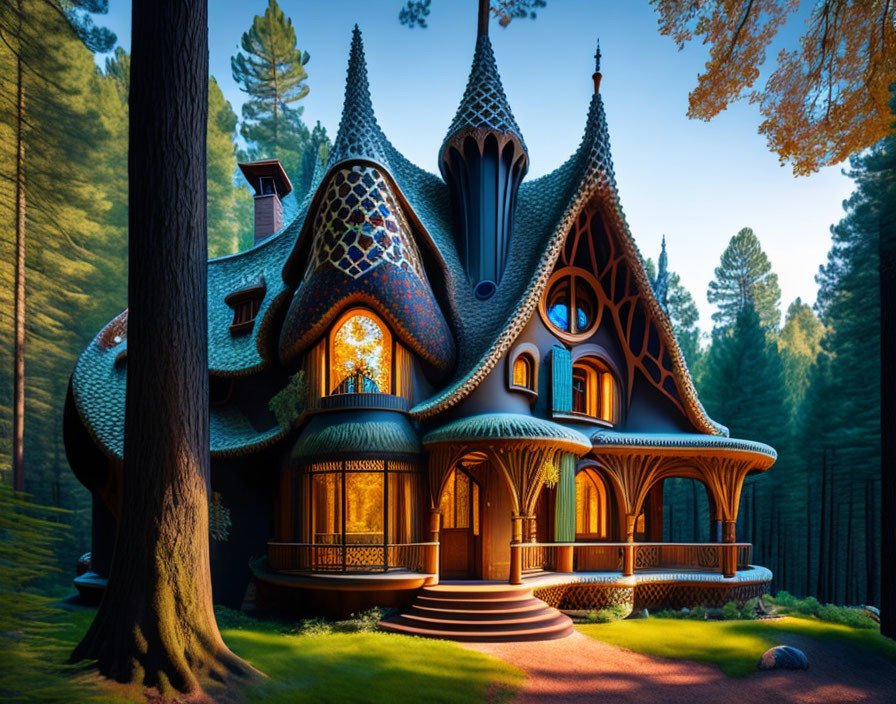 Pointed-roof fairy tale house in forest sunlight