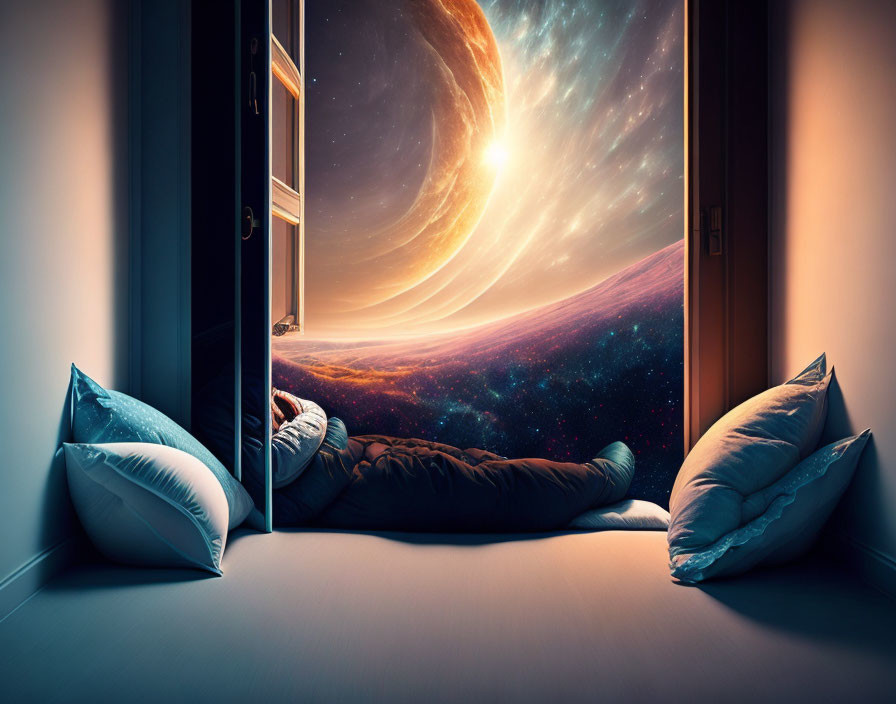 Bedroom with open door to cosmic landscape and giant planet