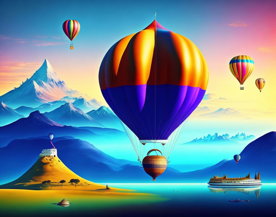 Vibrant landscape with colorful hot air balloons, mountains, castle, and lake