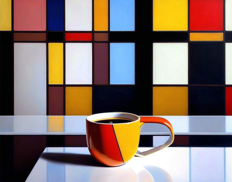 Colorful Mondrian-style coffee cup on geometric background
