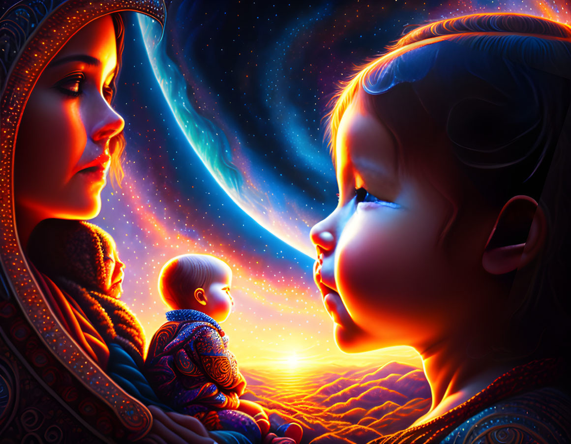 Colorful digital artwork of woman and child in cosmic setting with newborn in surreal environment