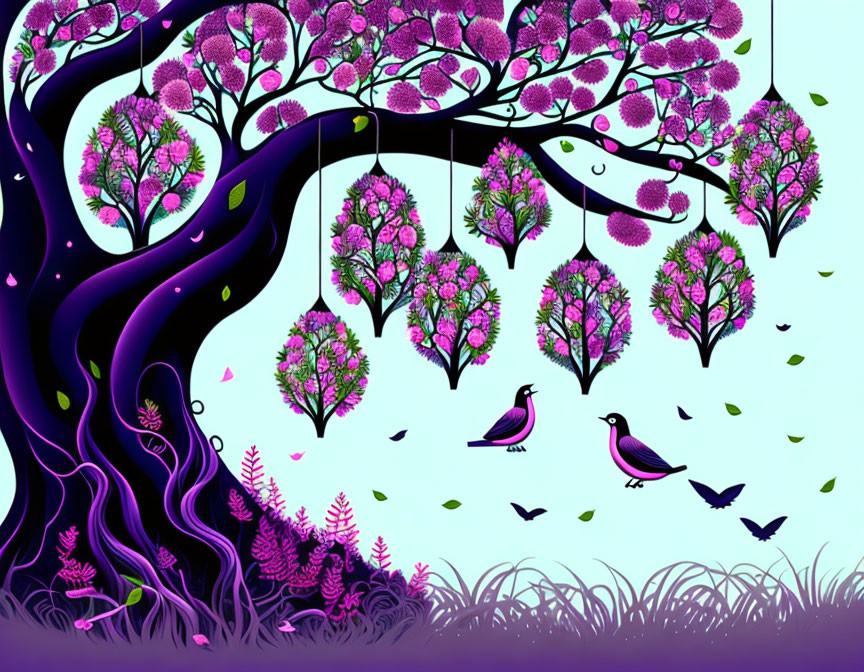 Colorful whimsical landscape with trees, birds, and butterflies at twilight