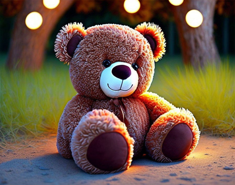 Brown Teddy Bear Sitting Outdoors at Twilight with Warm Glowing Lights