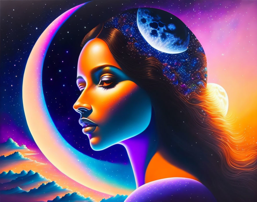 Surreal woman's profile with cosmic elements in vibrant space scene