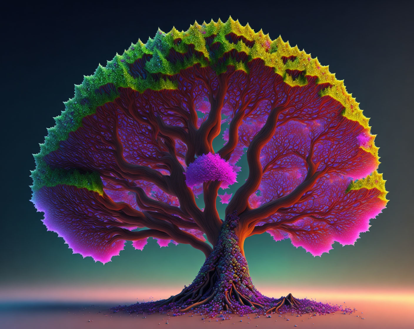 Colorful Digital Tree Art Against Sunset Gradient Background