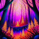 Colorful Neon Forest Illustration with Stylized Trees and Glowing Leaves