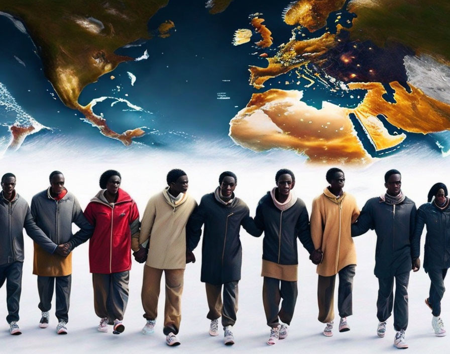 Diverse group walking with stylized globe backdrop