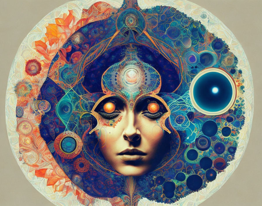 Symmetrical cosmic digital art with colorful mandala face