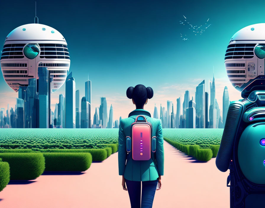 Person with pink backpack between two robots in futuristic cityscape