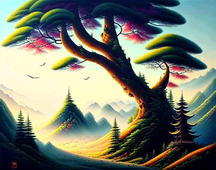 Colorful surreal landscape with twisted tree, misty mountains, and pagoda among pines