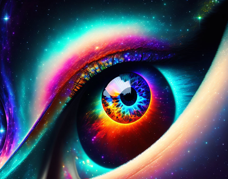 Colorful Digital Artwork of Human Eye with Cosmic Galaxy Theme