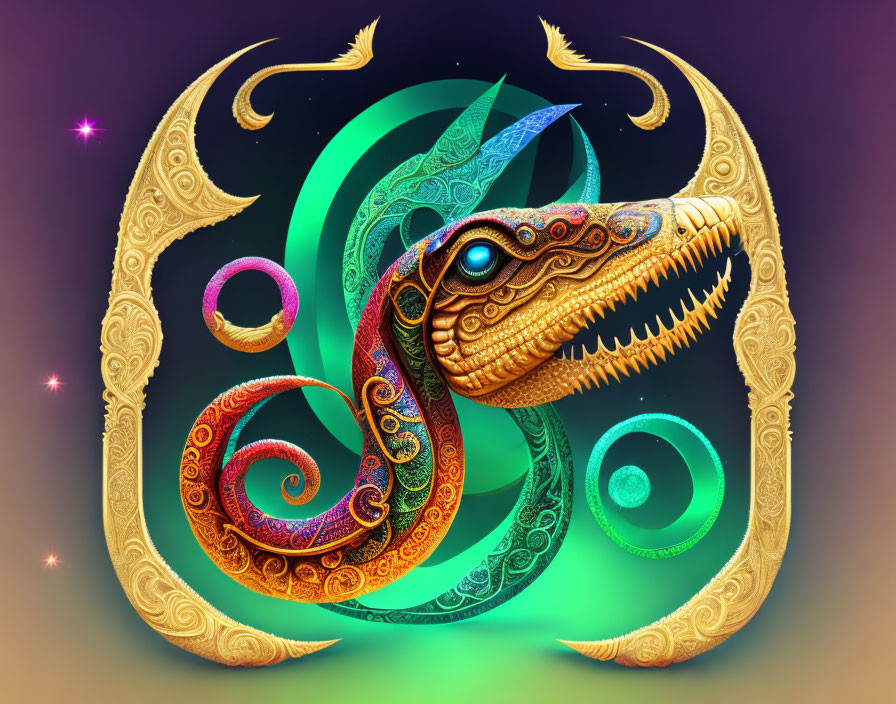 Colorful Digital Artwork: Ornate Dragon Coiled Around Rings