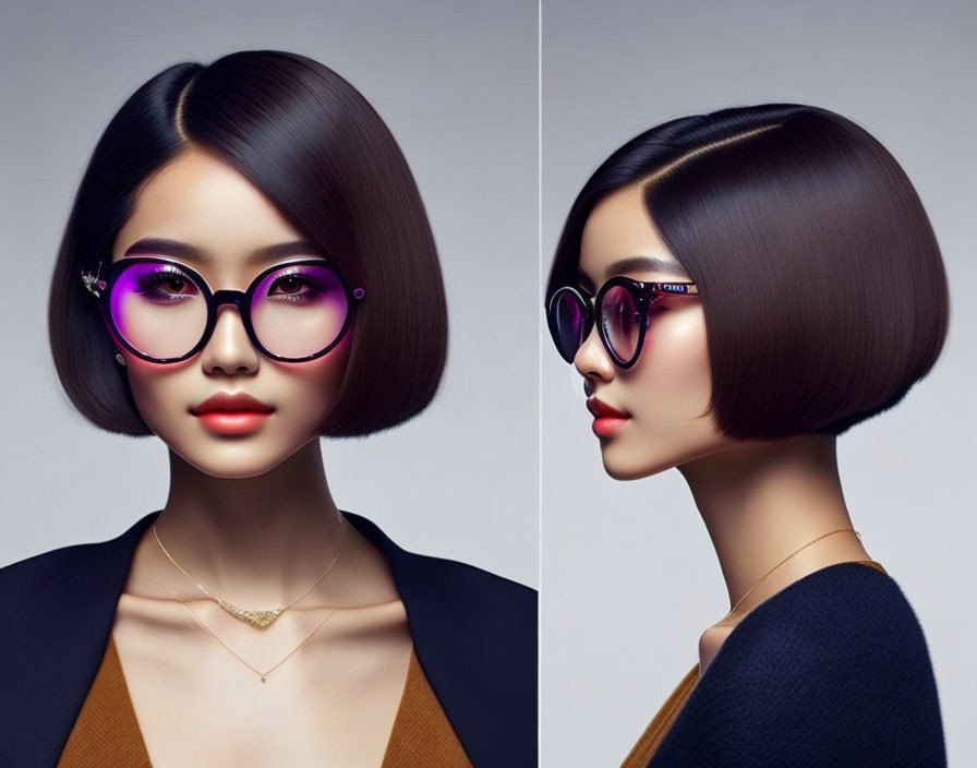 Digital artwork features woman with bob haircut and purple glasses on gray backdrop