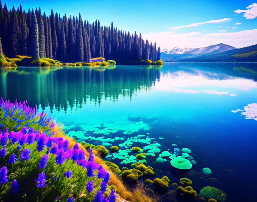 Tranquil lake scene with blue water, pine trees, and wildflowers