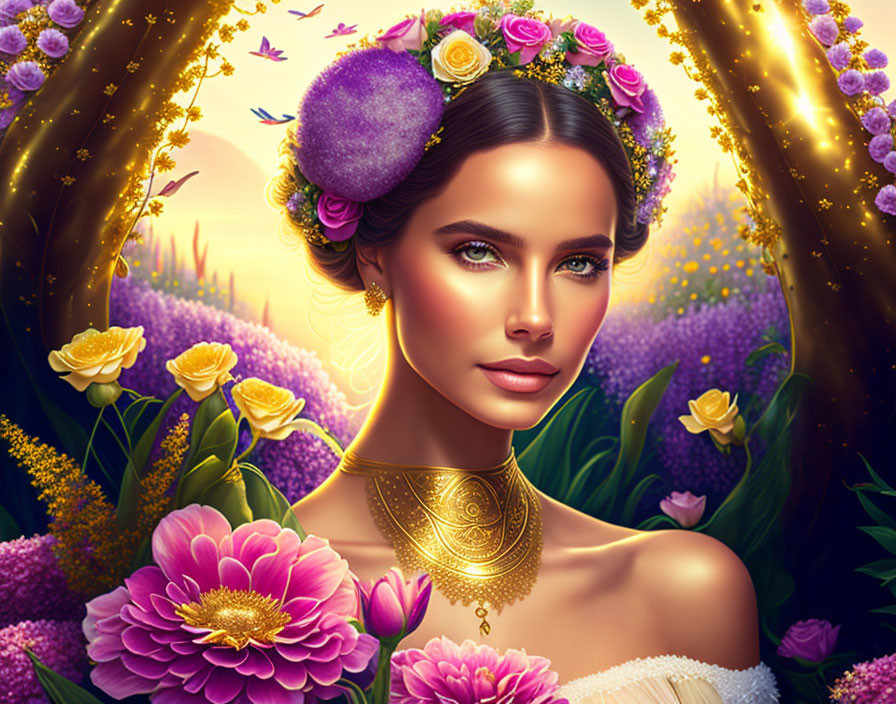 Illustrated portrait of woman with floral crown and intricate jewelry surrounded by lush flowers and golden light