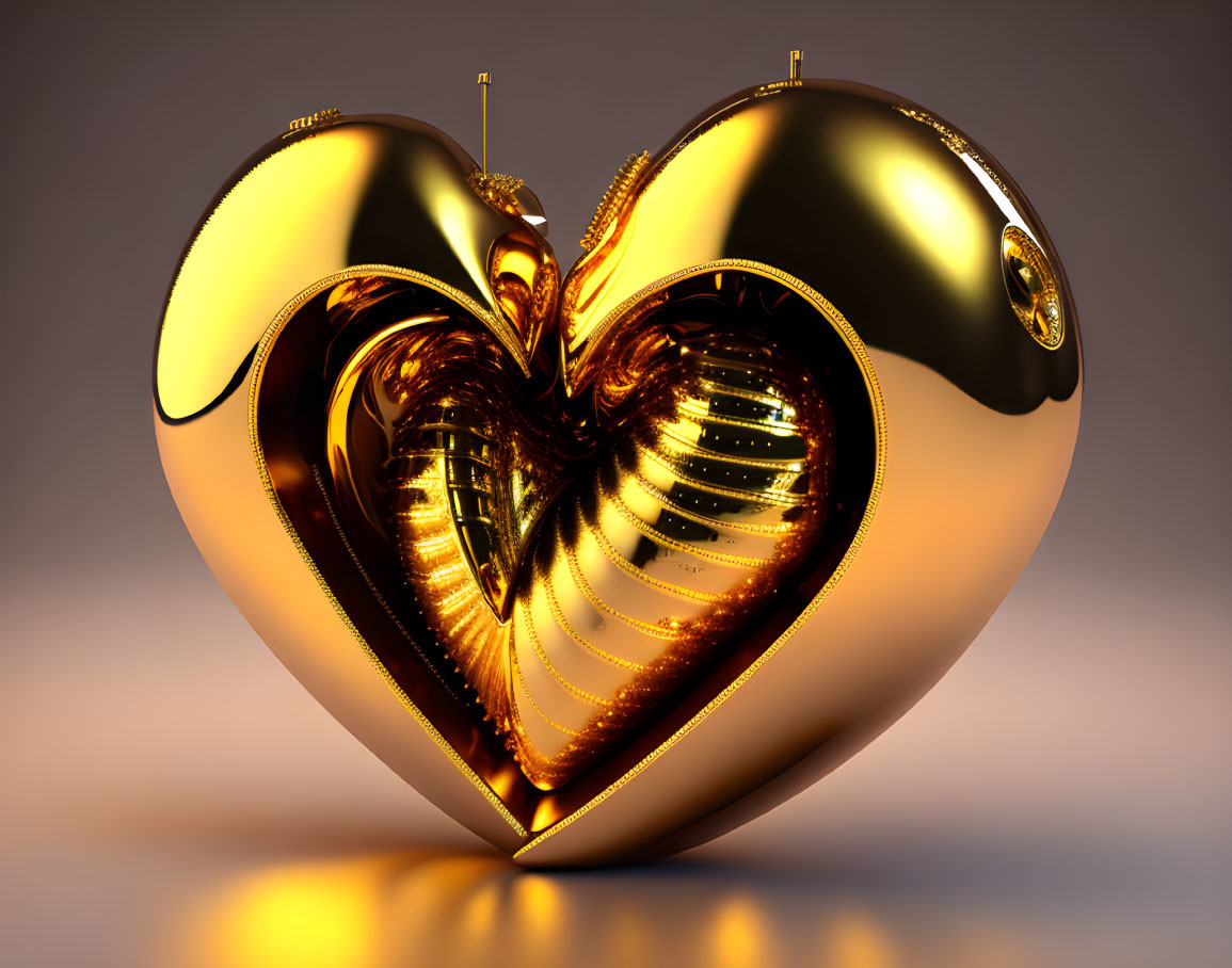 Golden 3D-rendered heart with intricate design on neutral backdrop