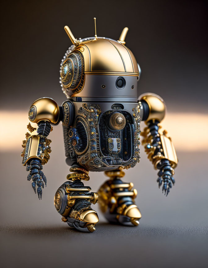 Detailed Steampunk Robot with Gold and Silver Gears on Gradient Background