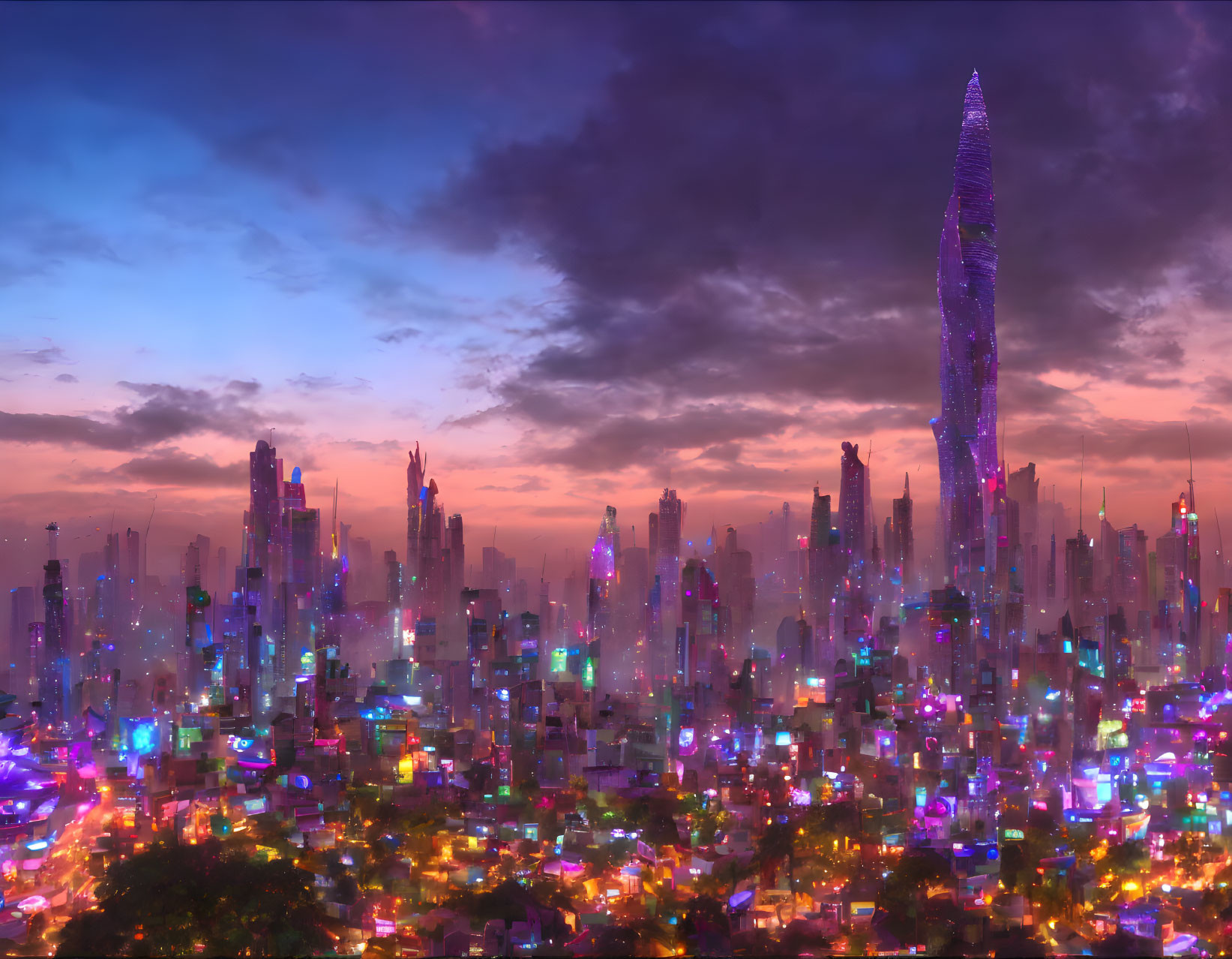 Vibrant neon-lit city skyline at dusk with towering skyscraper