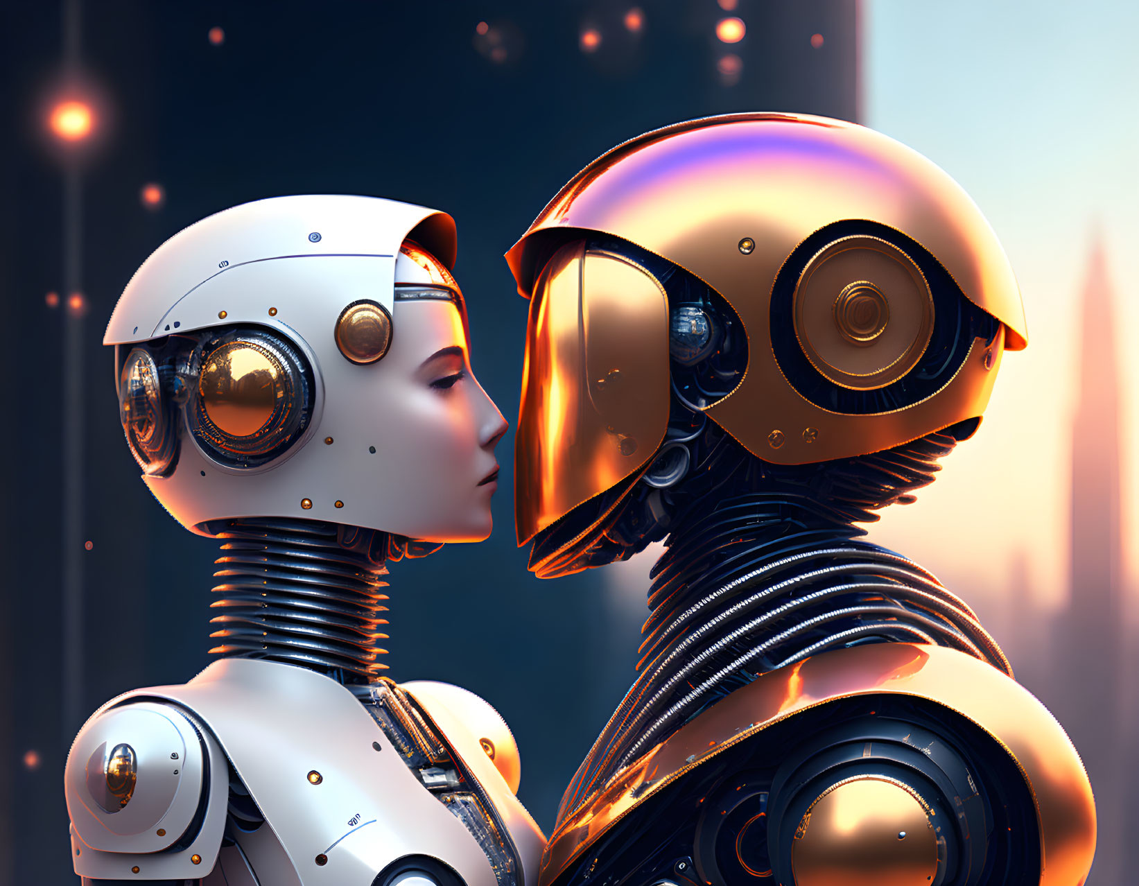 Detailed humanoid robots in white and gold face off in futuristic city scene