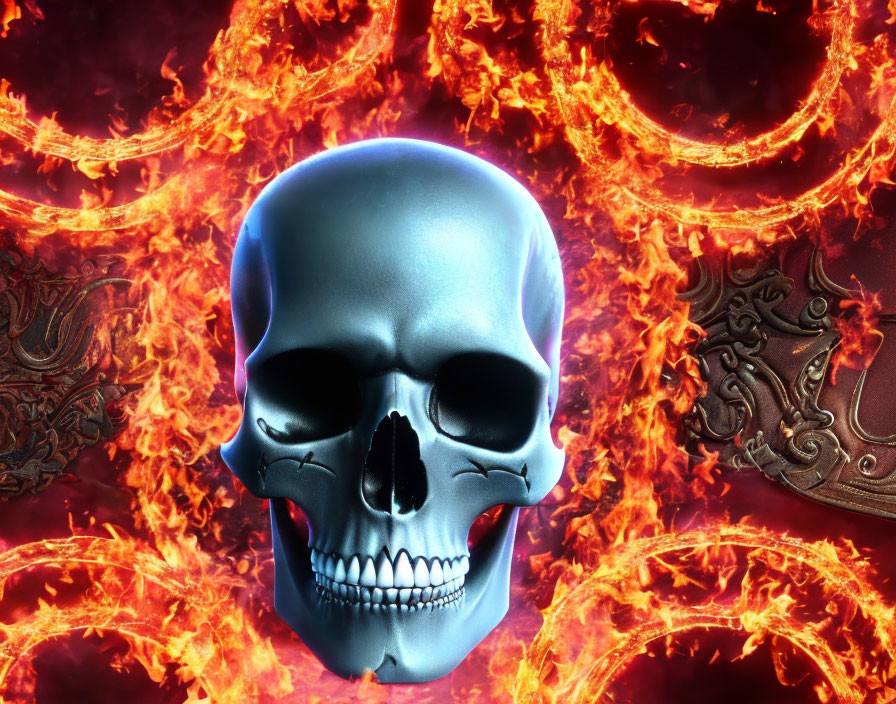 Metallic blue skull with swirling flames and ornate designs.