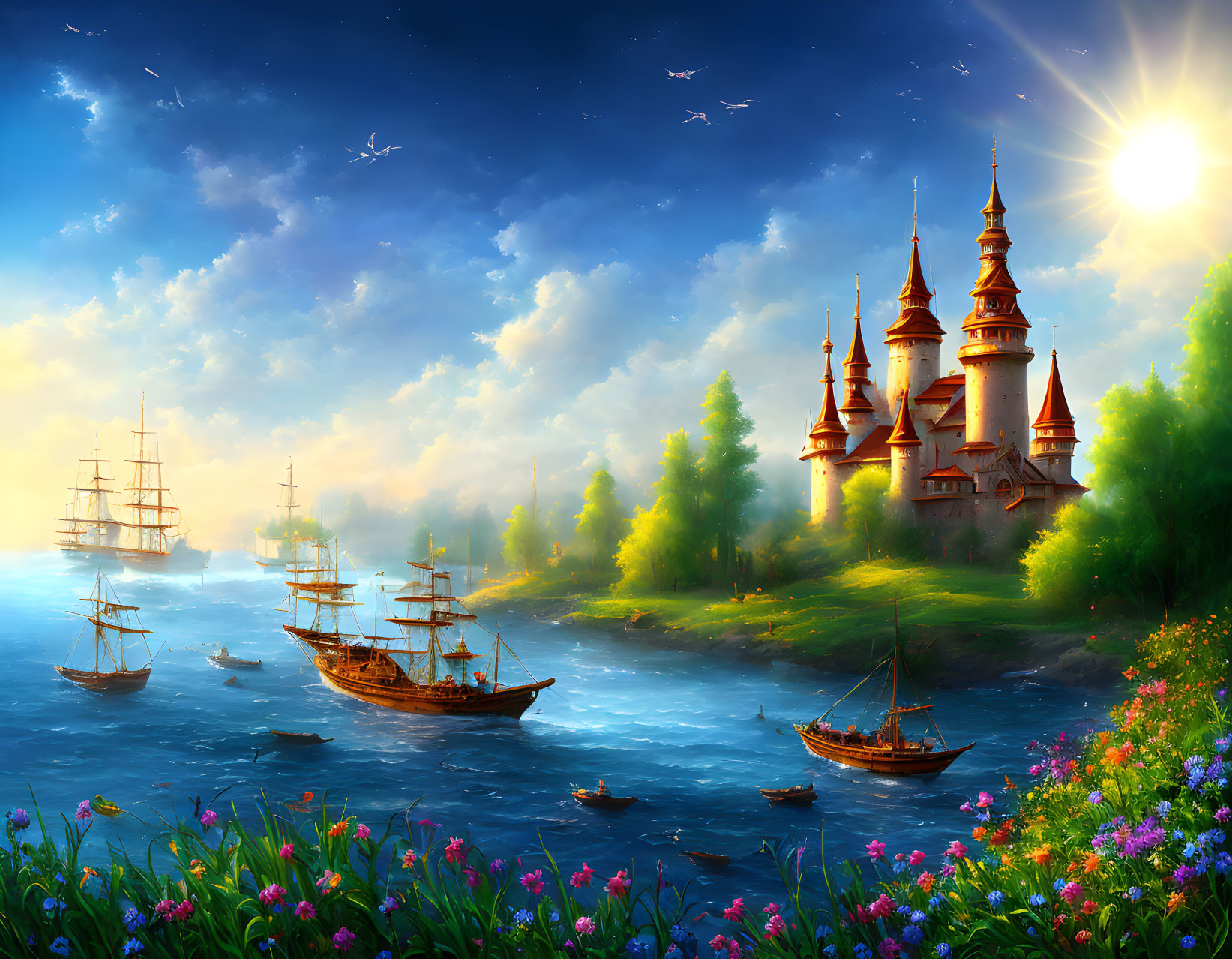 Fantasy landscape with sailing ships, castle, flora, and birds