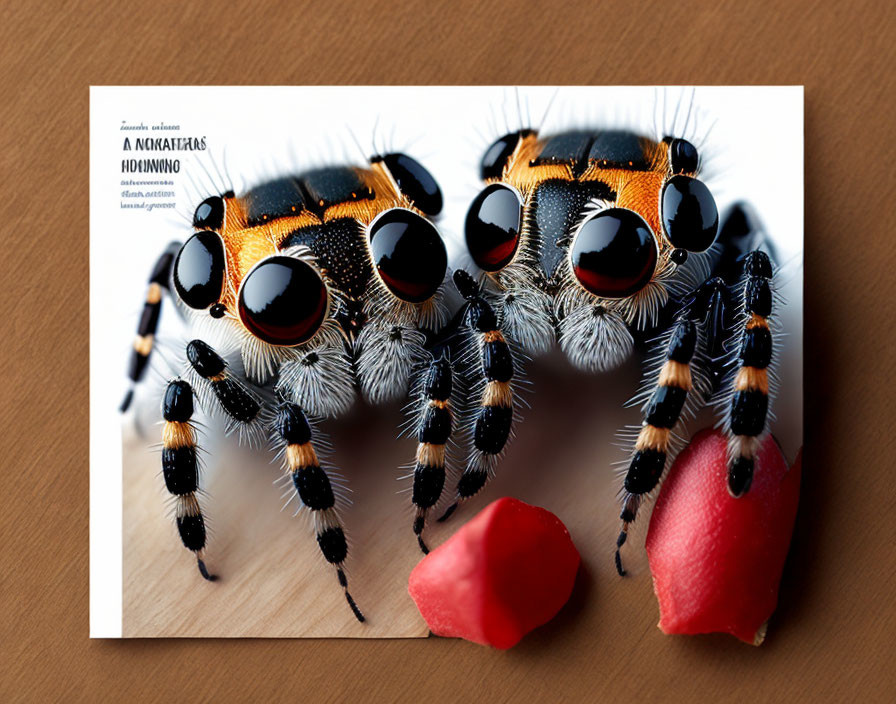 Vibrant jumping spider with orange and black patterns on printed page with pencil shavings