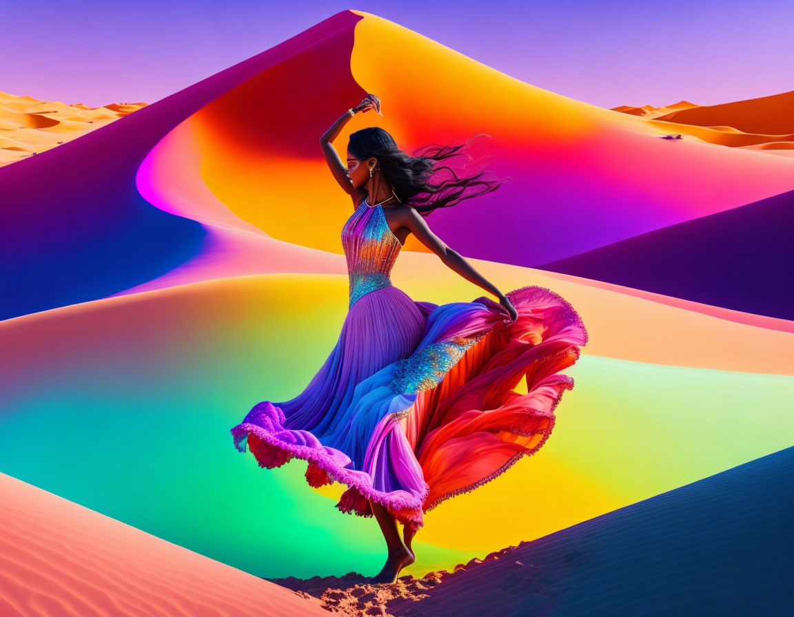 Colorful woman dancing on rainbow-tinted sand dunes