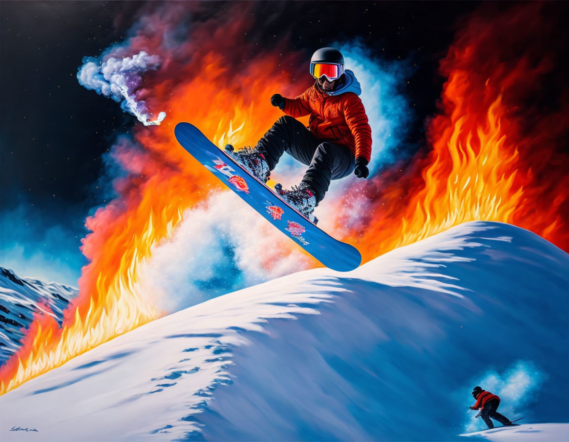 Snowboarder jumps over fiery landscape with contrasting icy terrain and smoke-filled sky