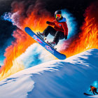 Snowboarder jumps over fiery landscape with contrasting icy terrain and smoke-filled sky