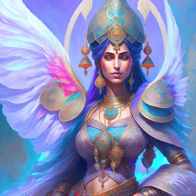 Illustrated female figure in ornate blue and gold armor with large white wings and ethnic jewelry on blue