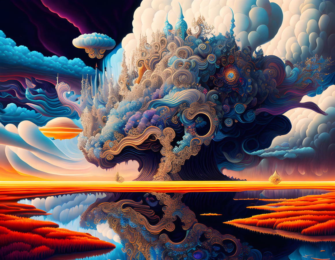 Vibrant surreal landscape with wavy sky and unique cloud formations