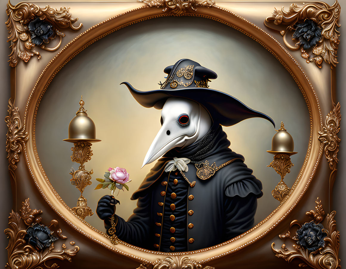 Portrait of figure in plague doctor mask with rose in ornate frame