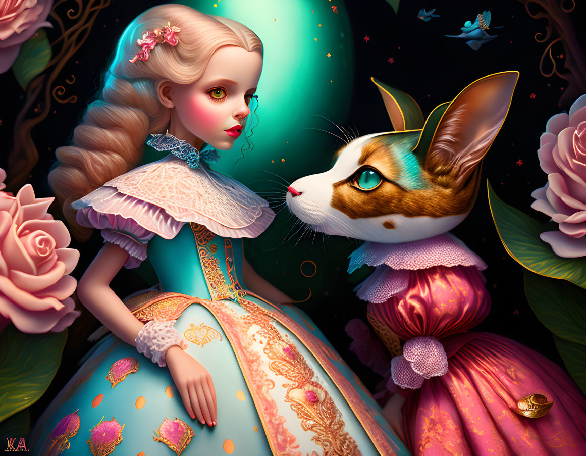 Victorian girl with whimsical cat and butterfly friends in magical floral scene