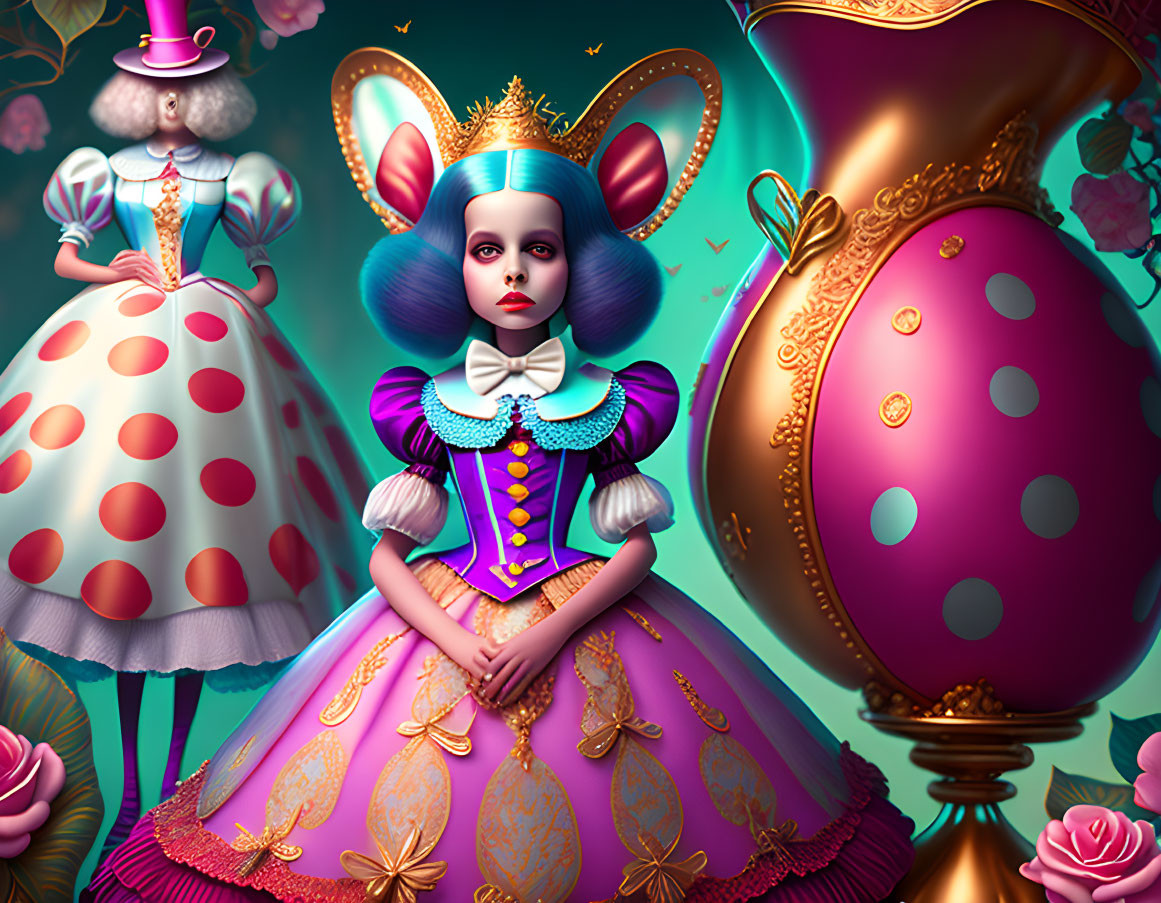 Colorful Character with Mouse Ears in Ornate Dress Among Easter Eggs