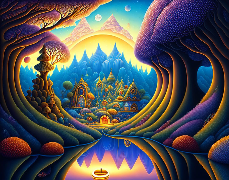 Colorful landscape with stylized trees, mountains, lake, and starry sky