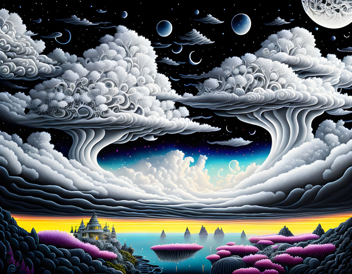 Surreal moonlit landscape with galaxy, castle, and coral-like trees