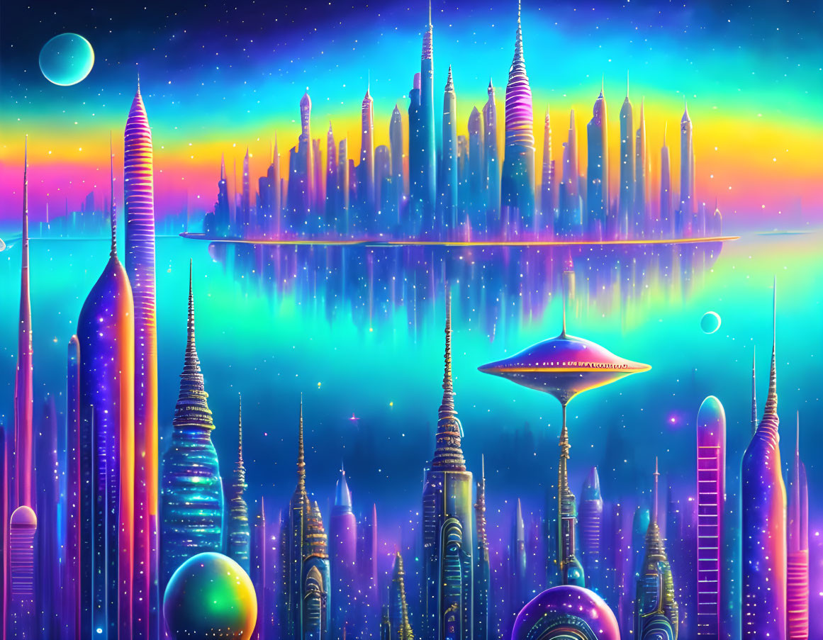 Futuristic cityscape with towering spires and spaceship under starry sky