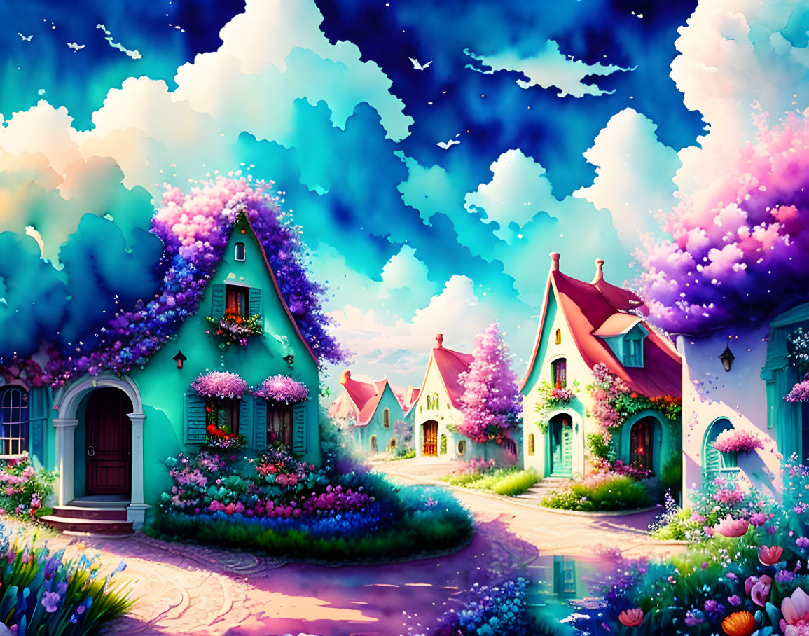 Colorful Cottage Village Illustration at Twilight Sky