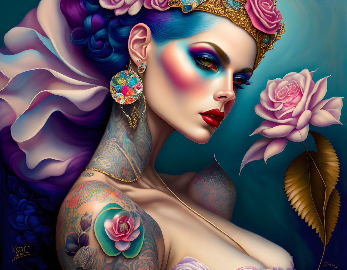 Colorful digital artwork featuring a tattooed woman with a crown, blue hair, ornate jewelry,