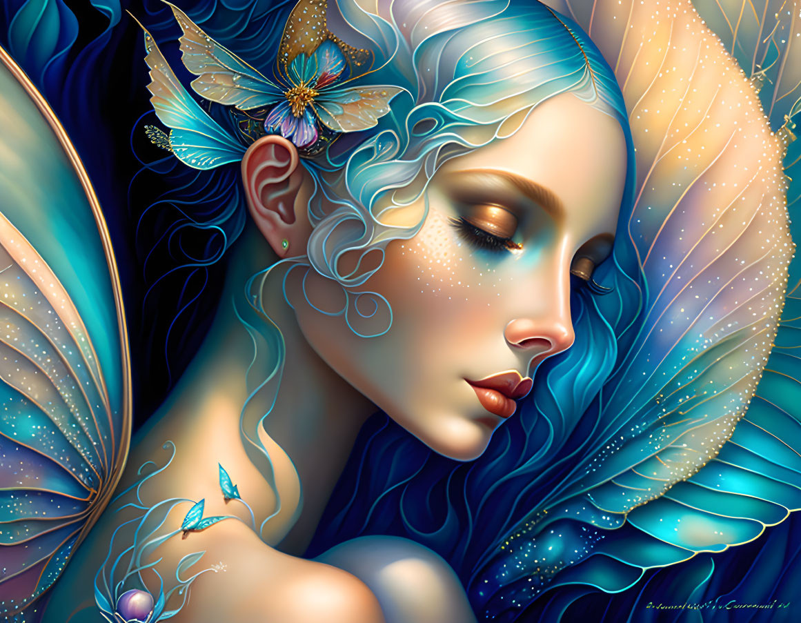 Fantasy illustration of female with butterfly wings and ethereal blue tones