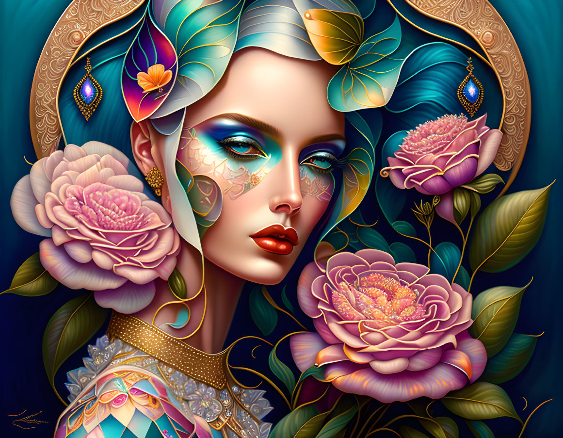 Colorful portrait of a woman with floral motifs and golden embellishments