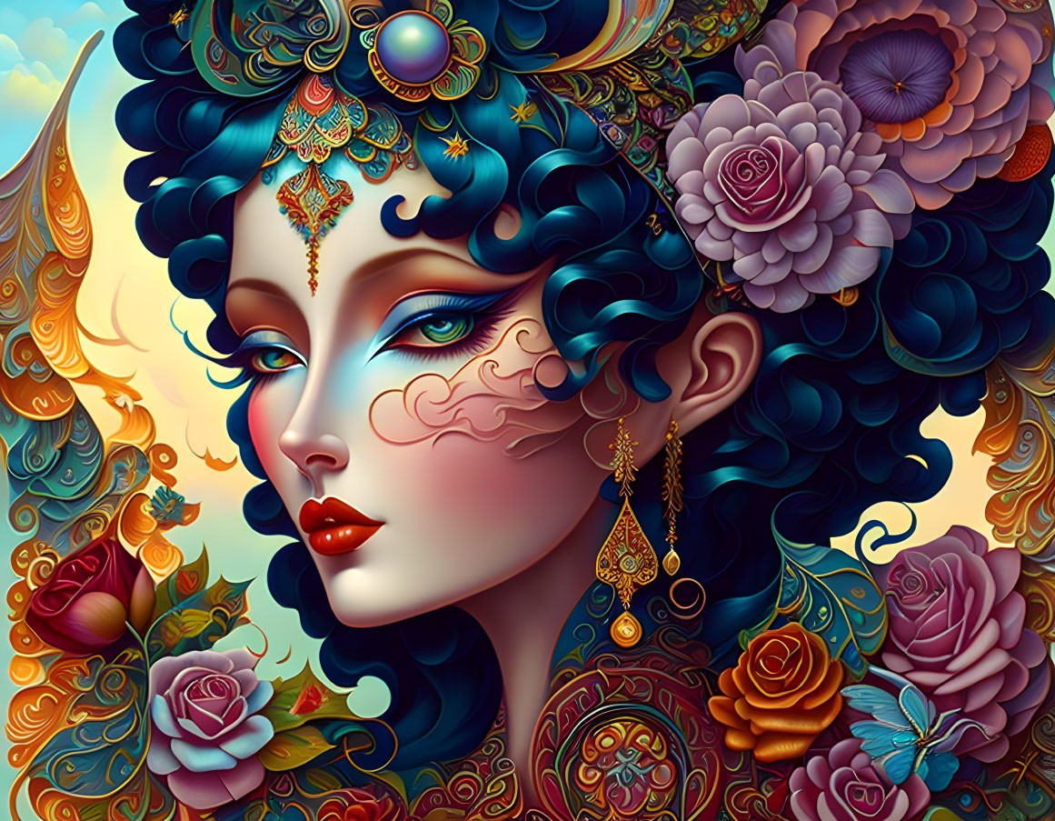 Detailed artwork of woman with blue hair and golden ornaments, surrounded by vibrant flowers.